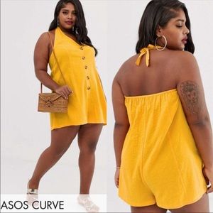 ASOS Curve Halter Yellow Button Self Stripe Romper